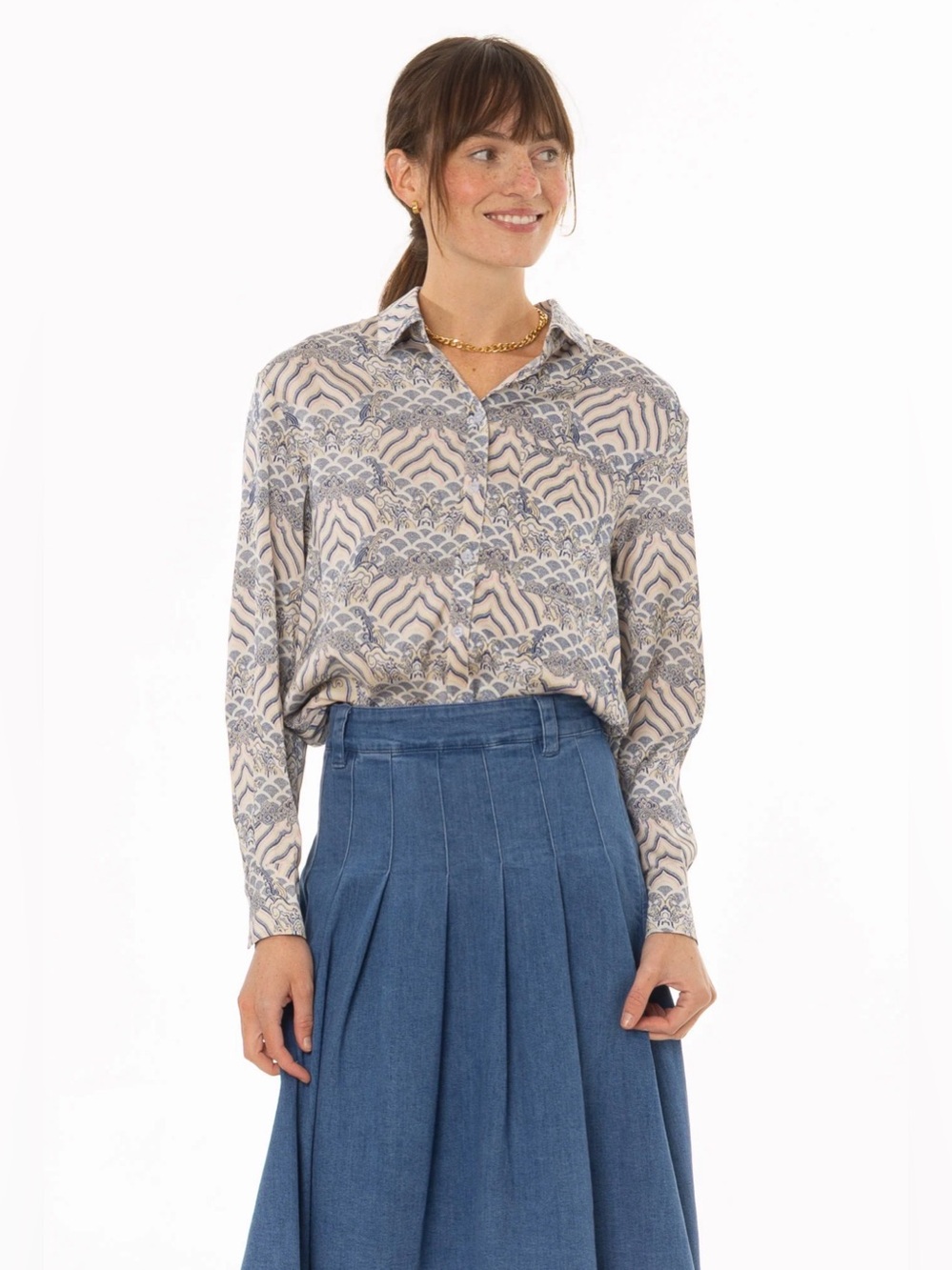 Printed Button-Front Women’s Top in Cream and Gray Dress Blank